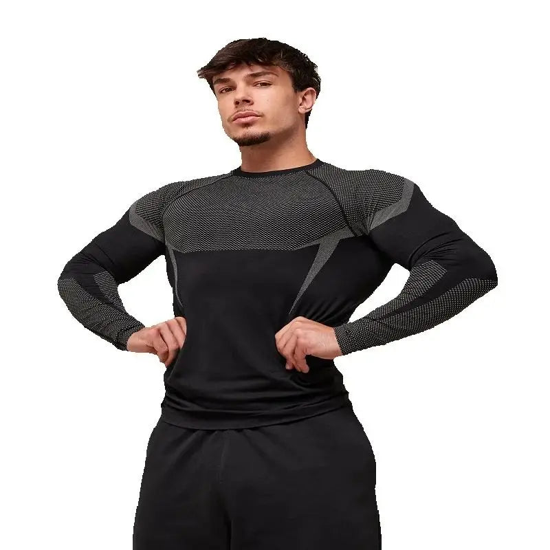 Ropa ajustada para hombre, ropa deportiva para entrenamiento, fitness, correr, cuello redondo largo estampado elástico a la moda