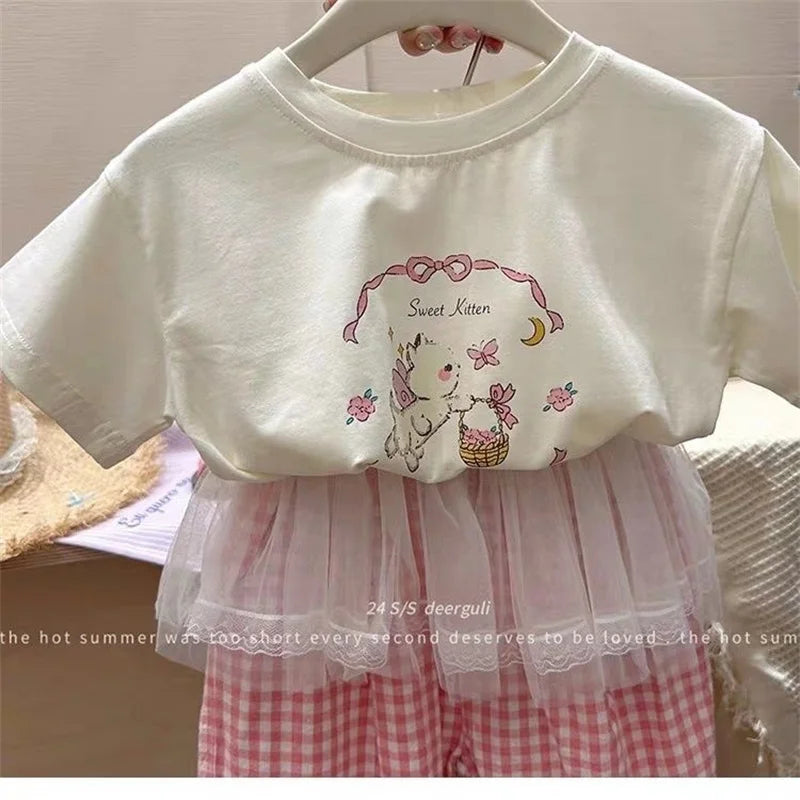 Children's Clothing Sets Girls Cute Suit Kids Short-Sleeved Cartoon Top Lace Trousers 2-Piece Summer New T-Shirt Outfit 2-8 Year