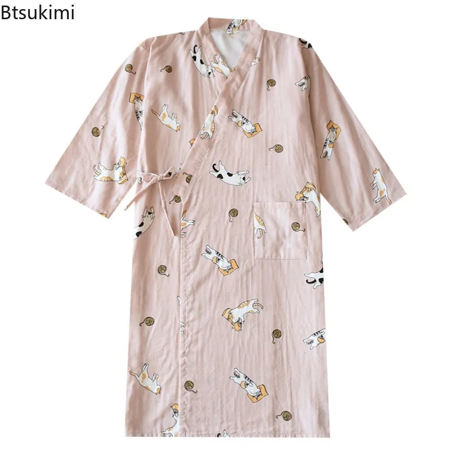 2025 Women's Robe 100% Cotton Robe Kimono Seven-Sleeve Pajamas Loose Cartoon Cat Print Night-robe Pajamas Bathrobe for Couple