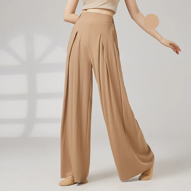 Modern Dance Pant Women Pleat Wide-Leg Trousers Long Straight Elastic Waist Casual Daily Wear Classical Stage Training Costumes