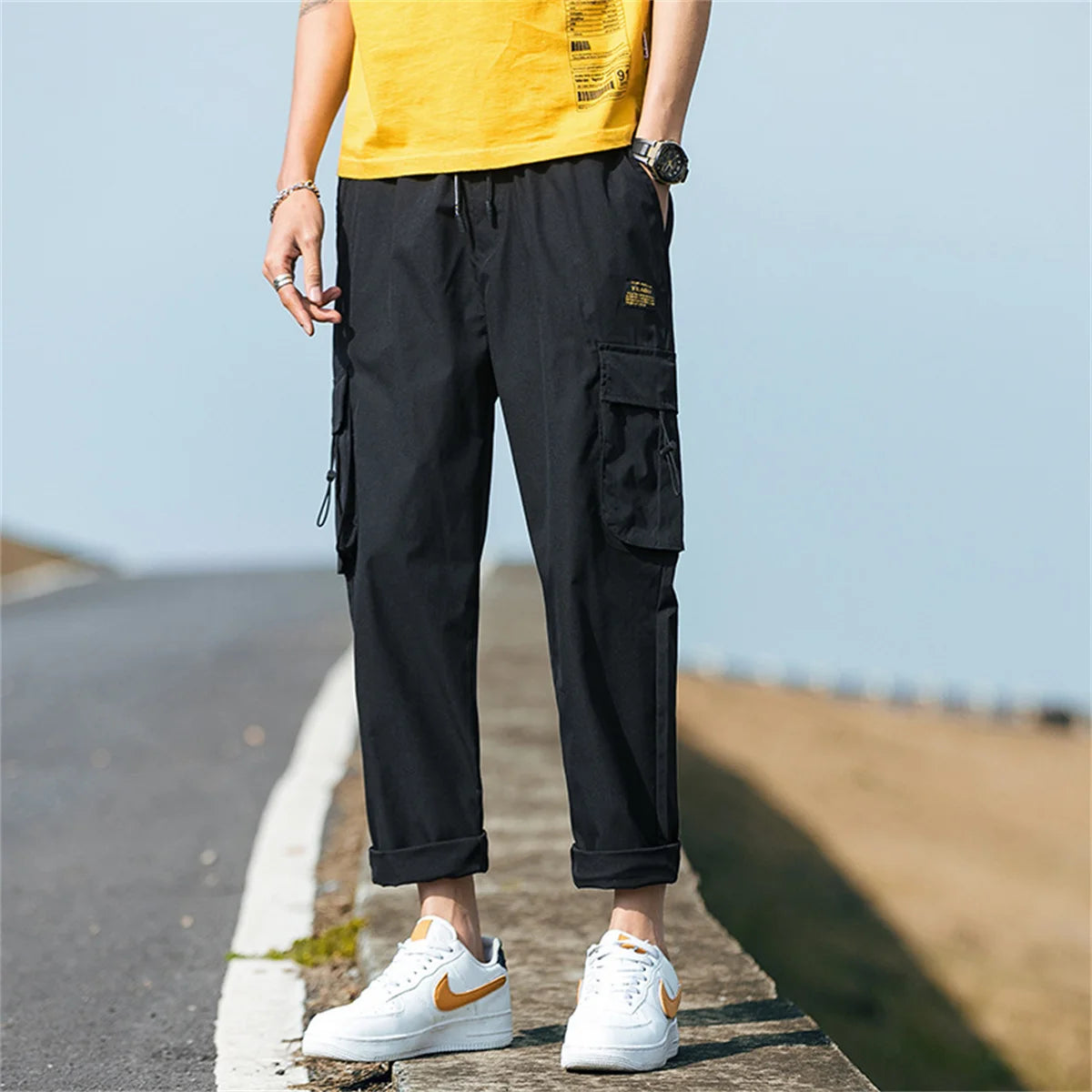 Men's Cargo Pants Casual Hip Hop Hit Color Multiple Pockets Trousers Streetwear Ribbons Techwear Sweatpants Boys