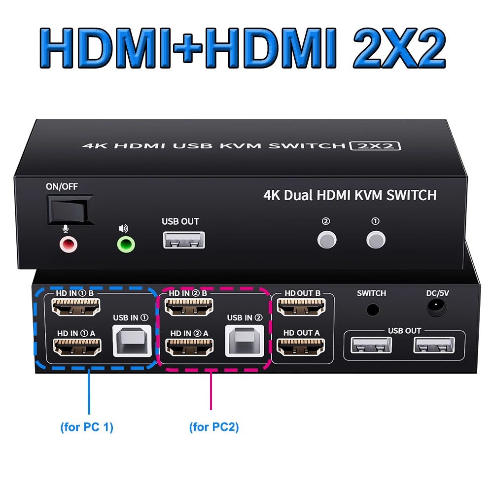 DisplayPort HDMI KVM Switch Dual Monitor 4K 60Hz 2X2 KVM Switch HDMI 2.0 USB DisplayPort for 2 monitors extended Mirror mode