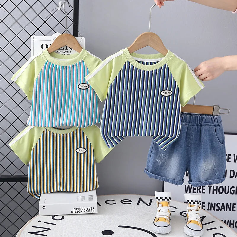 Baby Children's Summer Clothes Set 1-5Y Raglan Sleeve Striped T-shirt and Denim Shorts Boys 2pcs Suit Kid's Short Sleeve Outfit