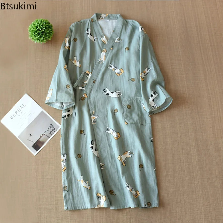 2025 Women's Robe 100% Cotton Robe Kimono Seven-Sleeve Pajamas Loose Cartoon Cat Print Night-robe Pajamas Bathrobe for Couple