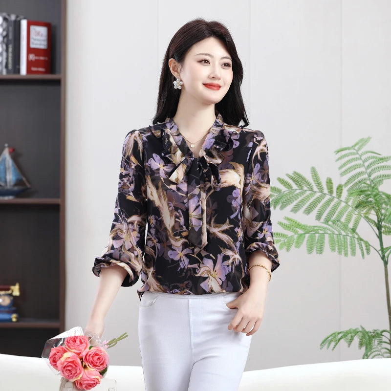 Women Blouse Casual Fashion Bow Ruffles Print Chiffon Blouse Shirt Spring and summer Long Sleeve Women Tops Blusa Mujer