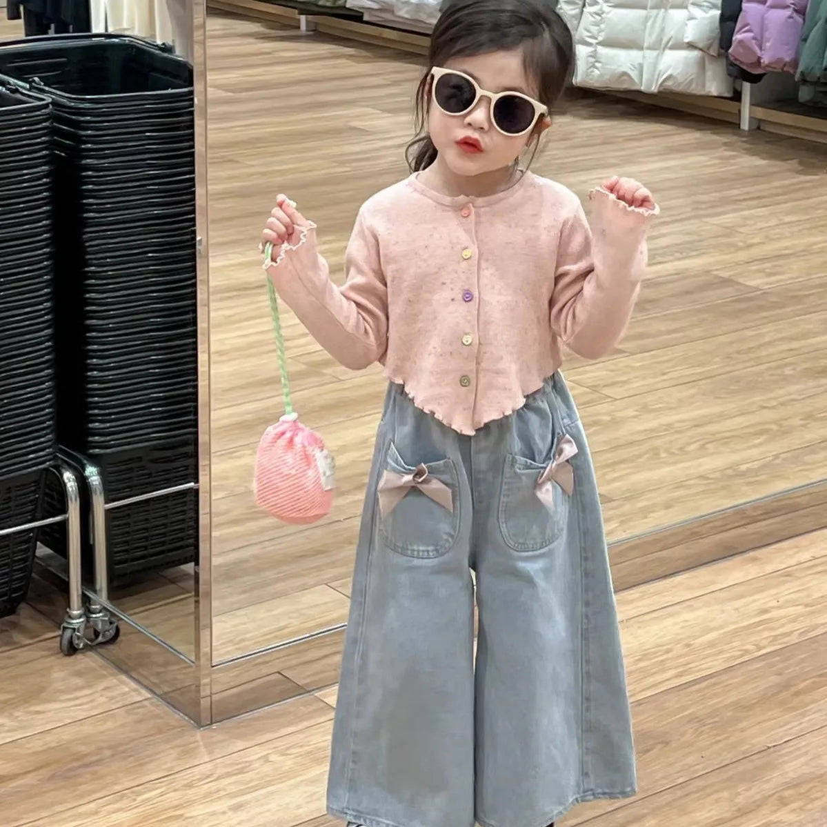Children's Clothing Sets Pink Long-sleeved Sweater + Bow Denim Wide-leg Pants 2pcs Girls Clothes 2 To 6 Years Baby Girl Clothes