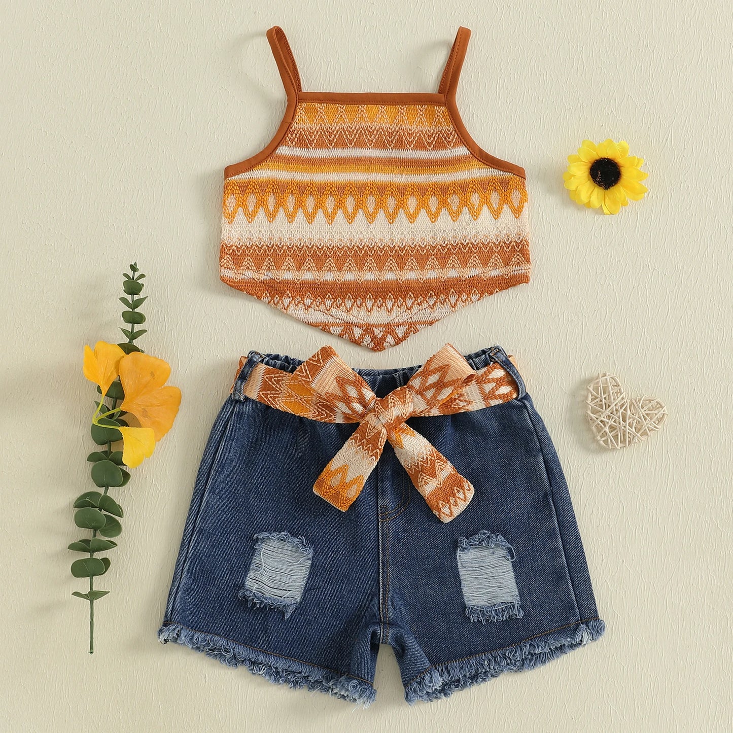 2-7Y Kids Girls Summer Outfits Adorable Boho Print Camisole Tops and Ripped Denim Shorts with Belt Set Fashion Children Clothes