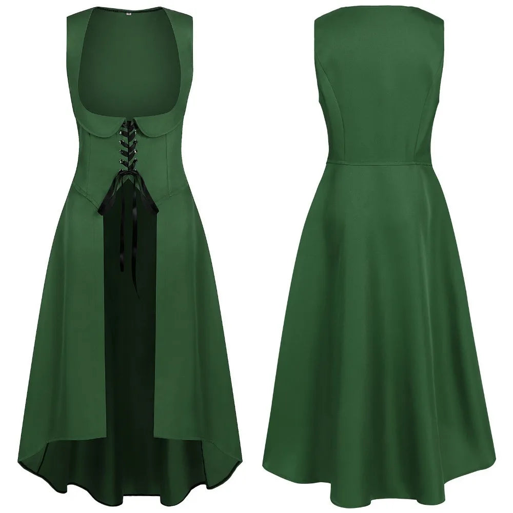 Women Renaissance Dress Peasant Pirate Medieval Tight Waist Apron High Low Dress