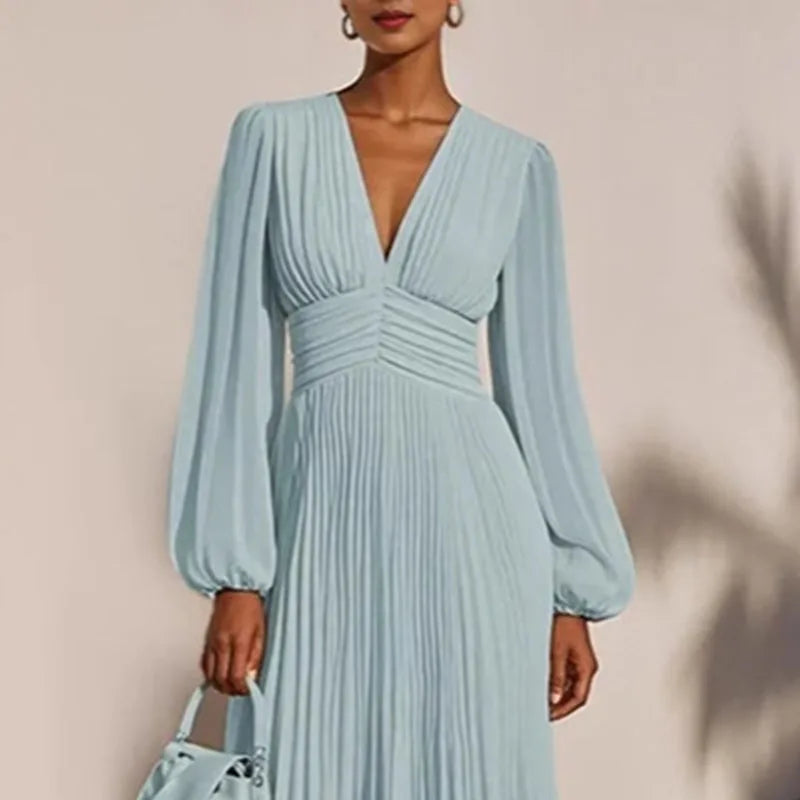 Woman Clothing 2025 Spring Sexy V Neck High Waist Pleated Long Dress New Autumn Long Sleeve Elegant Party Dresses Vestidos Mujer