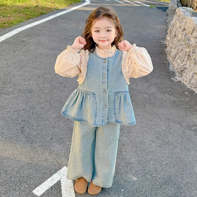 Children's Clothing Sets Girls Denim Vest + Long Sleeve Shirt + Wide Leg Pants Three-piece Suit Toddler Kids Boutique Clothes