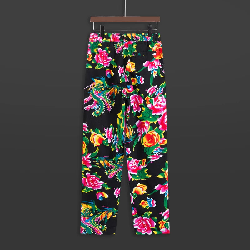 Red Men's Printed Suit Pants, Fashion Casual Trousers, Black Nostalgic Style Pantalones Hombre M-5XL Cotton Pant