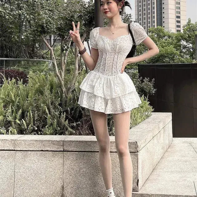Women Dresses Square Collar Hollow Ruffled Girl Short Culottes Vestido De Mujer Femme Robe