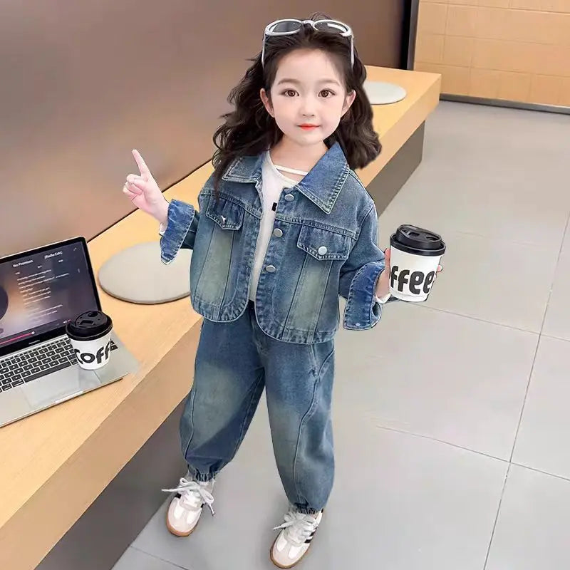 Korean Clothes for Children Spring Autumn New Baby Girls' Loose Fashion Denim Jacket Pants Kids Casual Top Jeans 2 Pcs Set