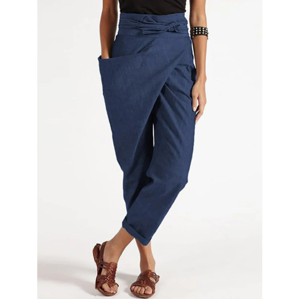 Women's Wide Leg Pants women Trousers Elastic Waist Cargo Casual Pants With Band Irregular lace up cropped pants ropa mujer