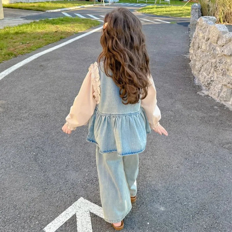 Children's Clothing Sets Girls Denim Vest + Long Sleeve Shirt + Wide Leg Pants Three-piece Suit Toddler Kids Boutique Clothes