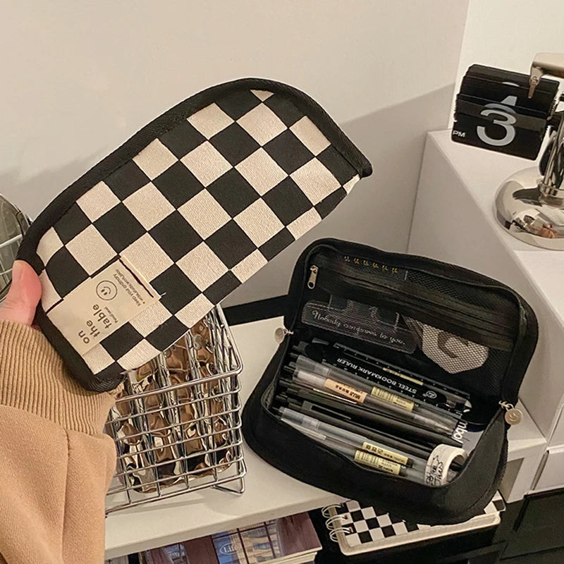 Simple Black and White Plaid Canvas Pencil Case School pencil case Kawaii Stationery Storage Bag aesthetic stationery