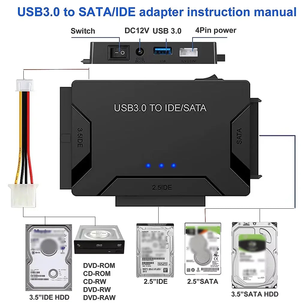 USB 3.2 3.0 to SATA IDE3.0 Converter 2.5/3.5 Inch SSD HDD Hard Drive External Adapter USB 3.0 to Sata III Cable for Laptop PC