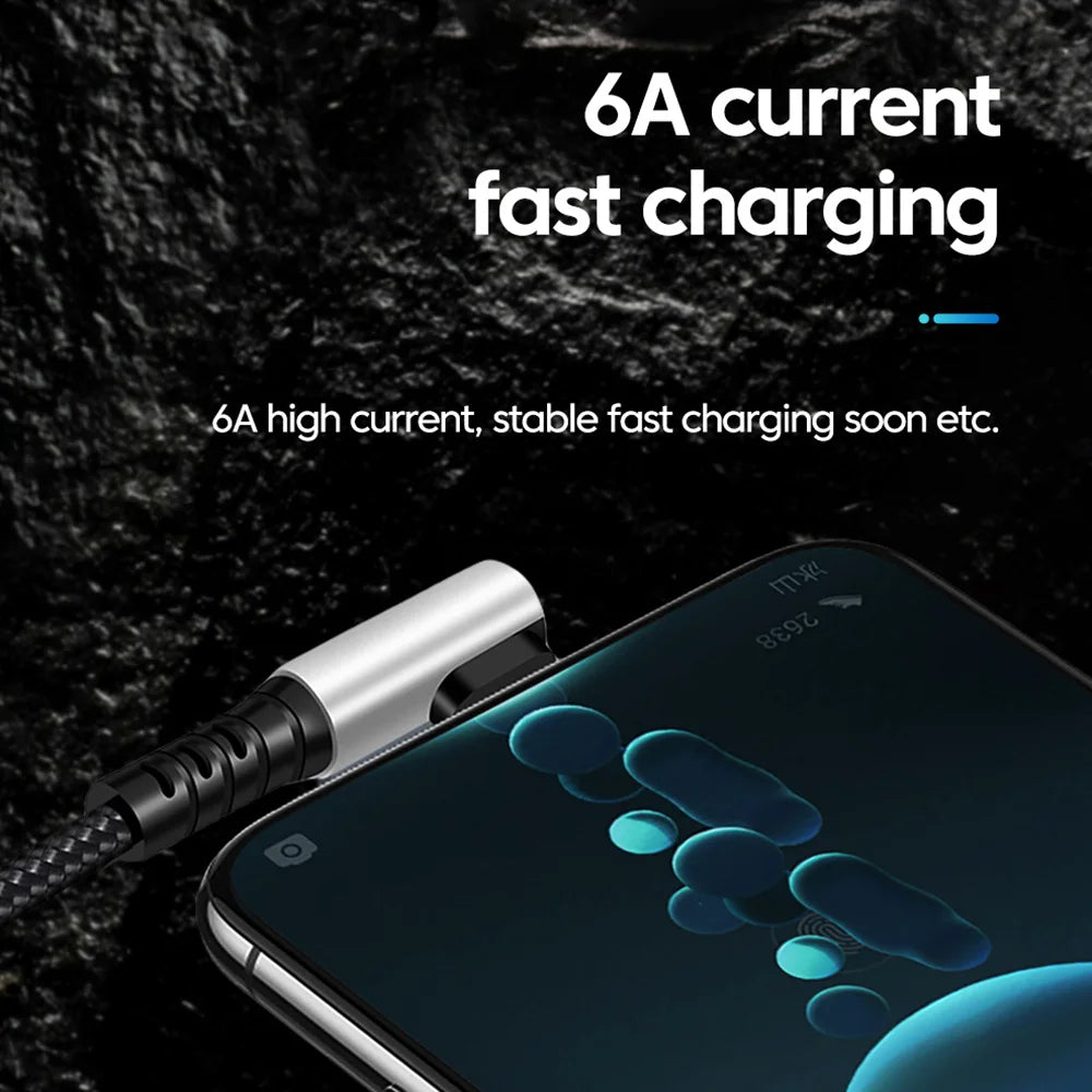 6A USB Type C to Type C Cable For Power Bank 25CM 50CM Fast Charging Data Game Cable For iPhone 15 Huawei Xiaomi 90 Degree