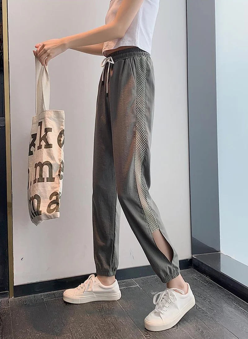 Woman Cropped Trousers Ice Silk Summer Sweat Home Sports Pants for Women Joggers Jogging Fashion Harem Sarouel Sweatpants Ripped