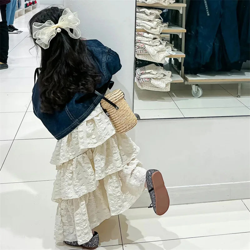 Korean Children's Clothing 2024 Spring and Autumn New Set Children Suspender Cake Skirt Denim Jacket Two-piece Set