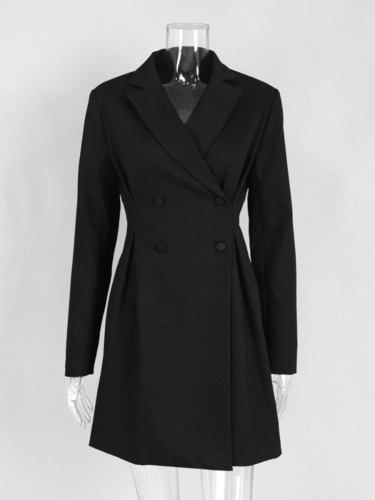 Woman Clothes Elegant Double Breasted Tunics Blazer Dresses Office Lady Notched Long Sleeve Buttons Solid Black Short Dress