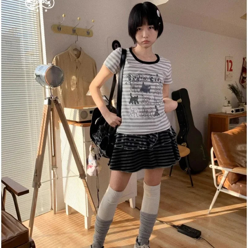 2025 Ropa Mujer Cat Print Cute Striped Woman Tshirts Summer Korean Fashion Tees Casual Japanese T-shirt Y2k Tops Women Clothes