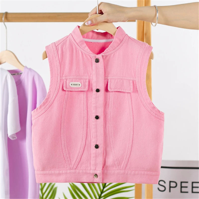 Toddler Children Pink Denim Vest Boy Girl Sleeveless Jacket Harajuku Kids Clothes Casual Waistcoat Vintage Fashion Outfit 2-9Y