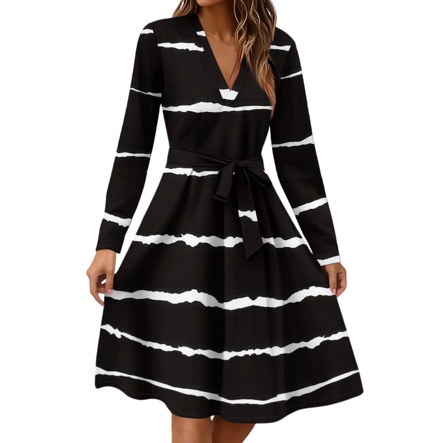 Women'S Fashion Casual V-Neck Long Sleeve Waist Floral Print Midi Dress Vestidos Para Mujer Female Dress Y2k Traf Roupas Feminin