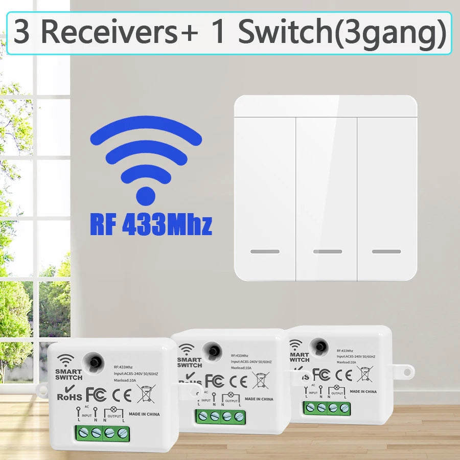 Wireless Smart Wall Switch RF 433Mhz Interruptor Light Switch Remote Control 1/2/3Gang Panel Receiver For Lamp Home Decoration