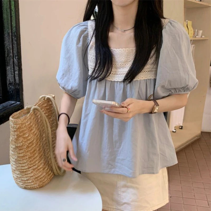 Blouses for Women Patchwork Lace Summer Lovely Aesthetic All-match Sweet Short Sleeve Korean Style Blusas Ropa Mujer Casual Tops