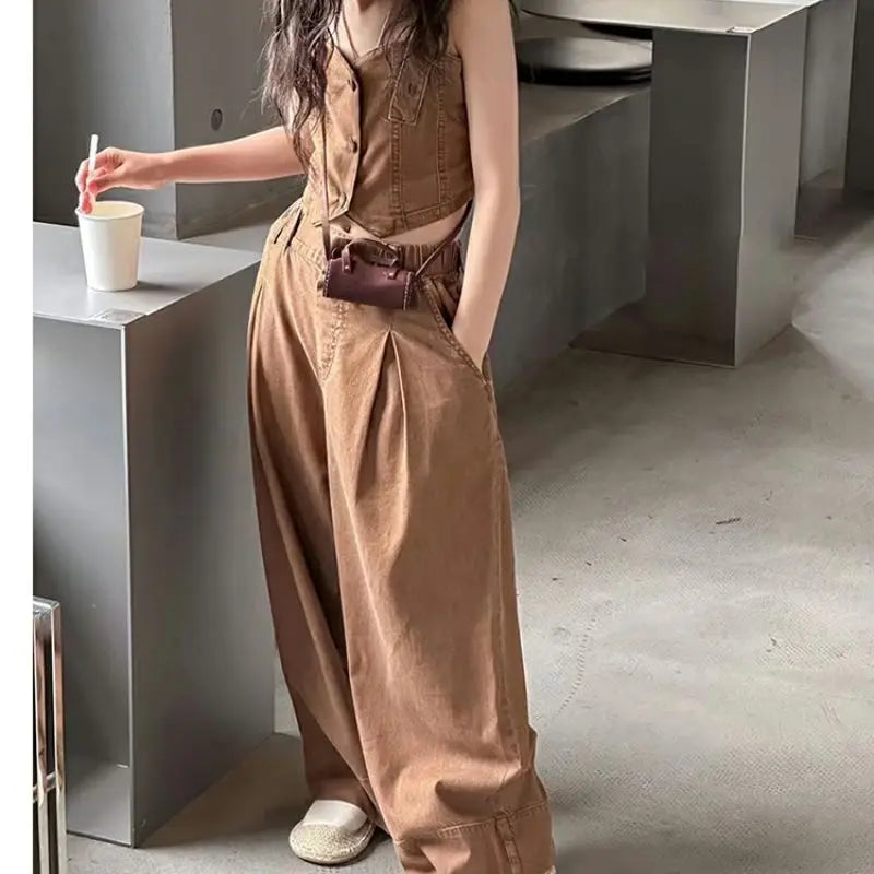 Children's Clothing Girls' Denim Suit Summer Wear Junior Girls Camisole Vest Loose Straight Leg Pants Two Piece Set Korean