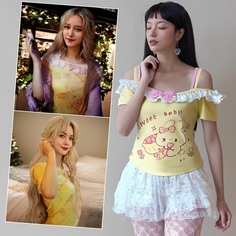 Women clothing T-shirt Y2k Cute Sweet Girls Short Sleeves Crop Top Harajuku Women Lolita Kawaii Cartoon Print ropa de mujer