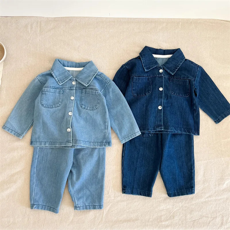 Children's suit spring and autumn boys and girls long-sleeved denim shirt jacket trousers two-piece baby top denim suit