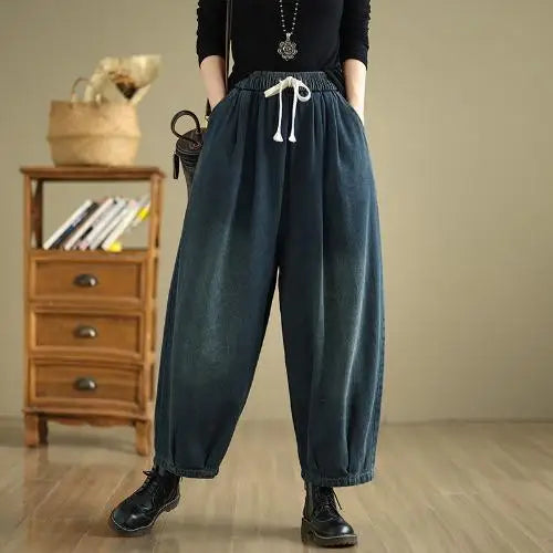 Women's 2025 New Retro Literary Loose Simple Versatile Drawstring Denim Wide-leg Trousers Casual Streetwear Washed Harem Pants