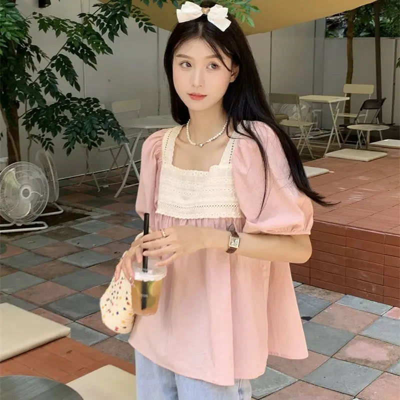 Blouses for Women Patchwork Lace Summer Lovely Aesthetic All-match Sweet Short Sleeve Korean Style Blusas Ropa Mujer Casual Tops