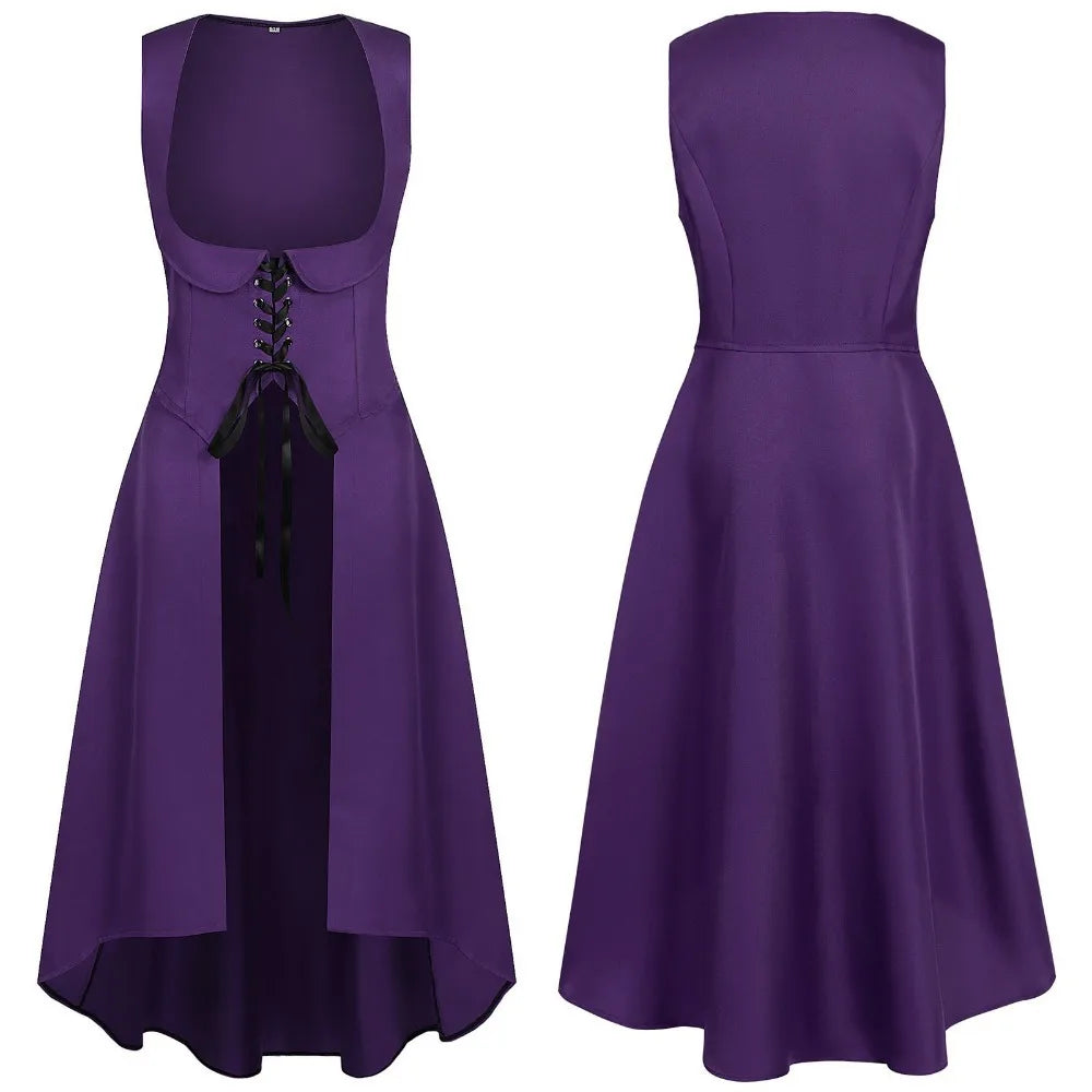 Women Renaissance Dress Peasant Pirate Medieval Tight Waist Apron High Low Dress