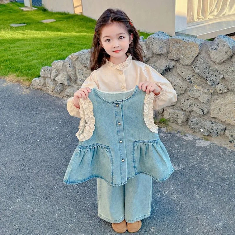 Children's Clothing Sets Girls Denim Vest + Long Sleeve Shirt + Wide Leg Pants Three-piece Suit Toddler Kids Boutique Clothes