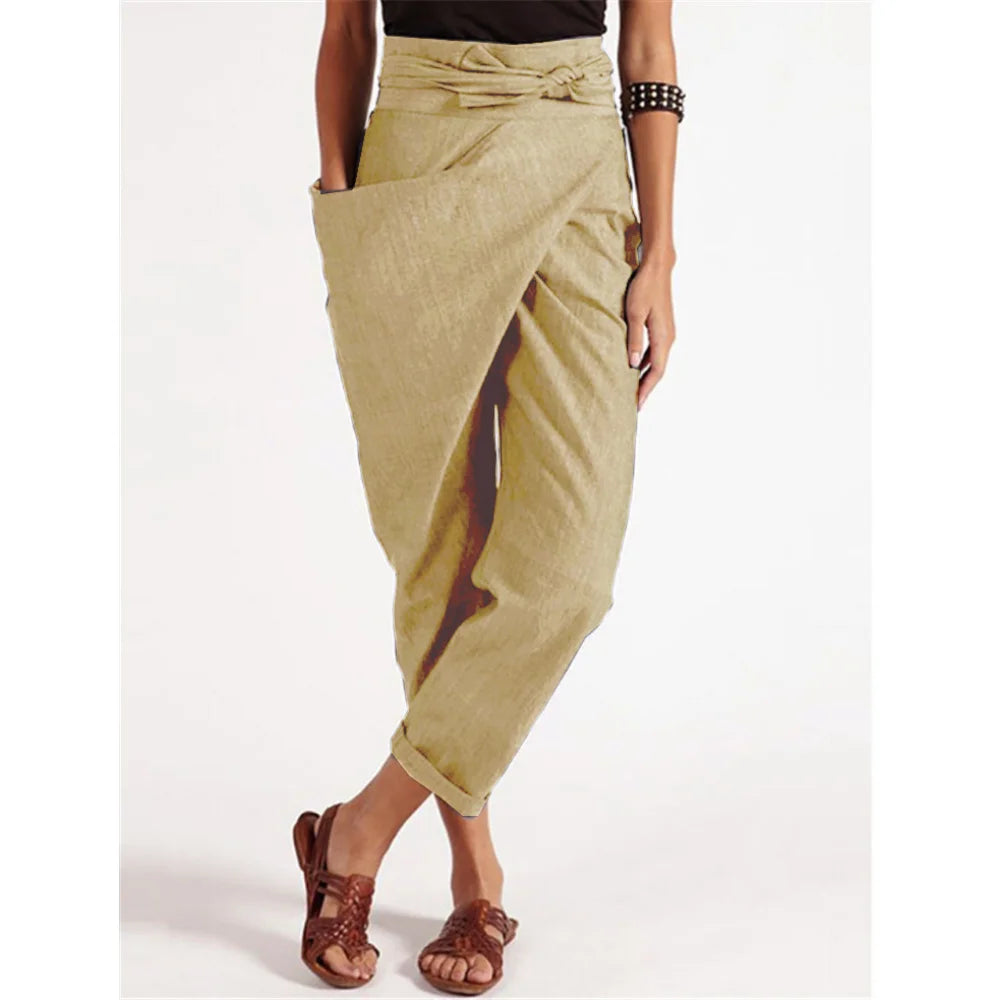 Women's Wide Leg Pants women Trousers Elastic Waist Cargo Casual Pants With Band Irregular lace up cropped pants ropa mujer