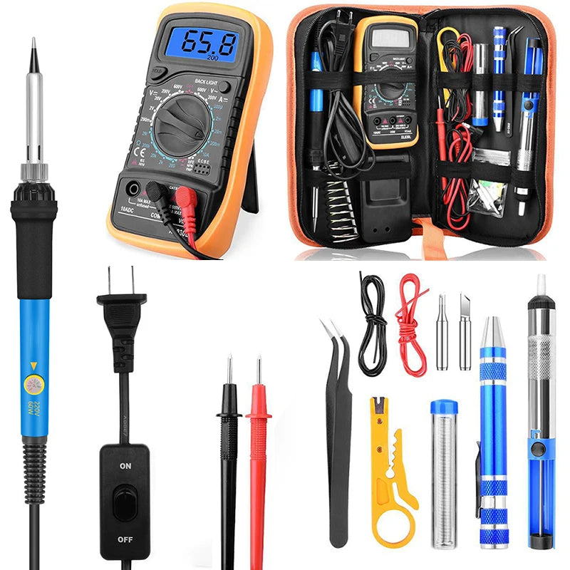 60W Soldering Iron Set Temperature Control Soldering Kit Tin Wire Digital Multimeter Repair Tool Cautin With Desoldering Pump
