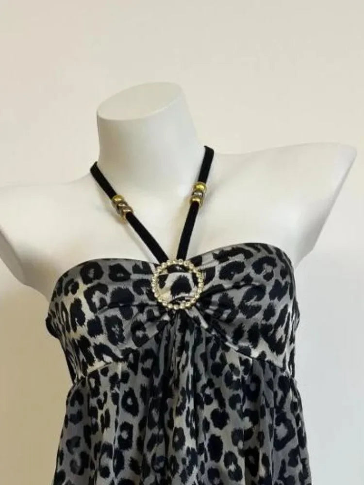 Women Clothing Summer Crop Tops 2025 Ropa Mujer Halter Backless Loose Vest Sweet Korean Camis Korean Leopard Print Sexy Tanks