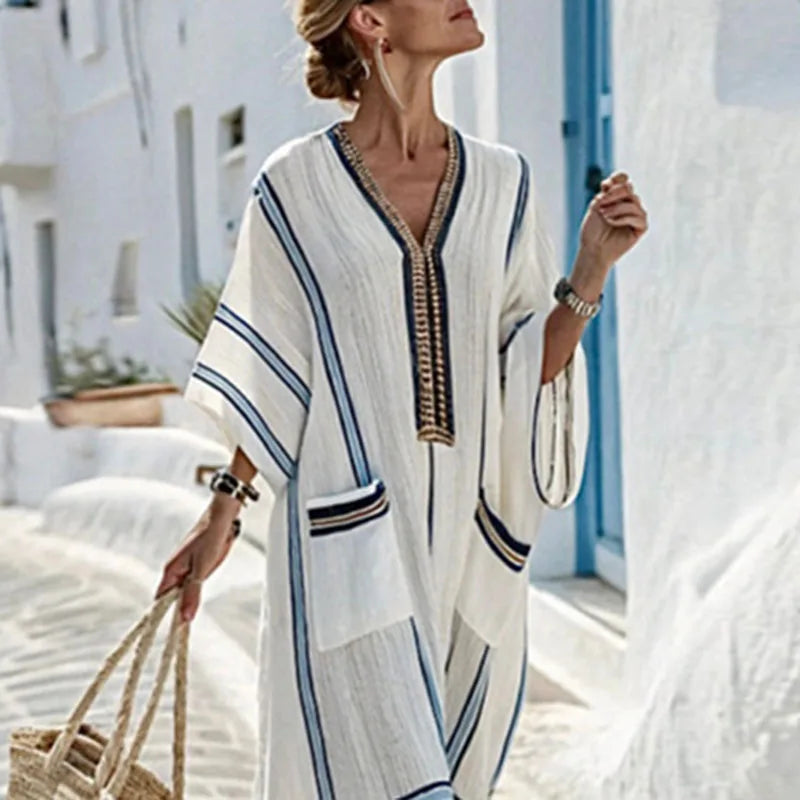 Robes for Woman New V Neck Loose Boho Dress Ethnic Spring Striped Print Pocket Long Maxi Dress Summer Short Sleeve Holiday Dress
