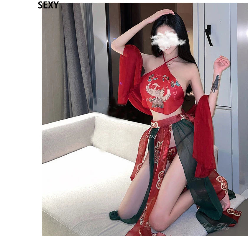Women Chinese Traditional Dress Hanfu Chiffon Pajamas Robe Apron Suit Sexy Erotic Lingerie Vintage Clothing Female Nightdress
