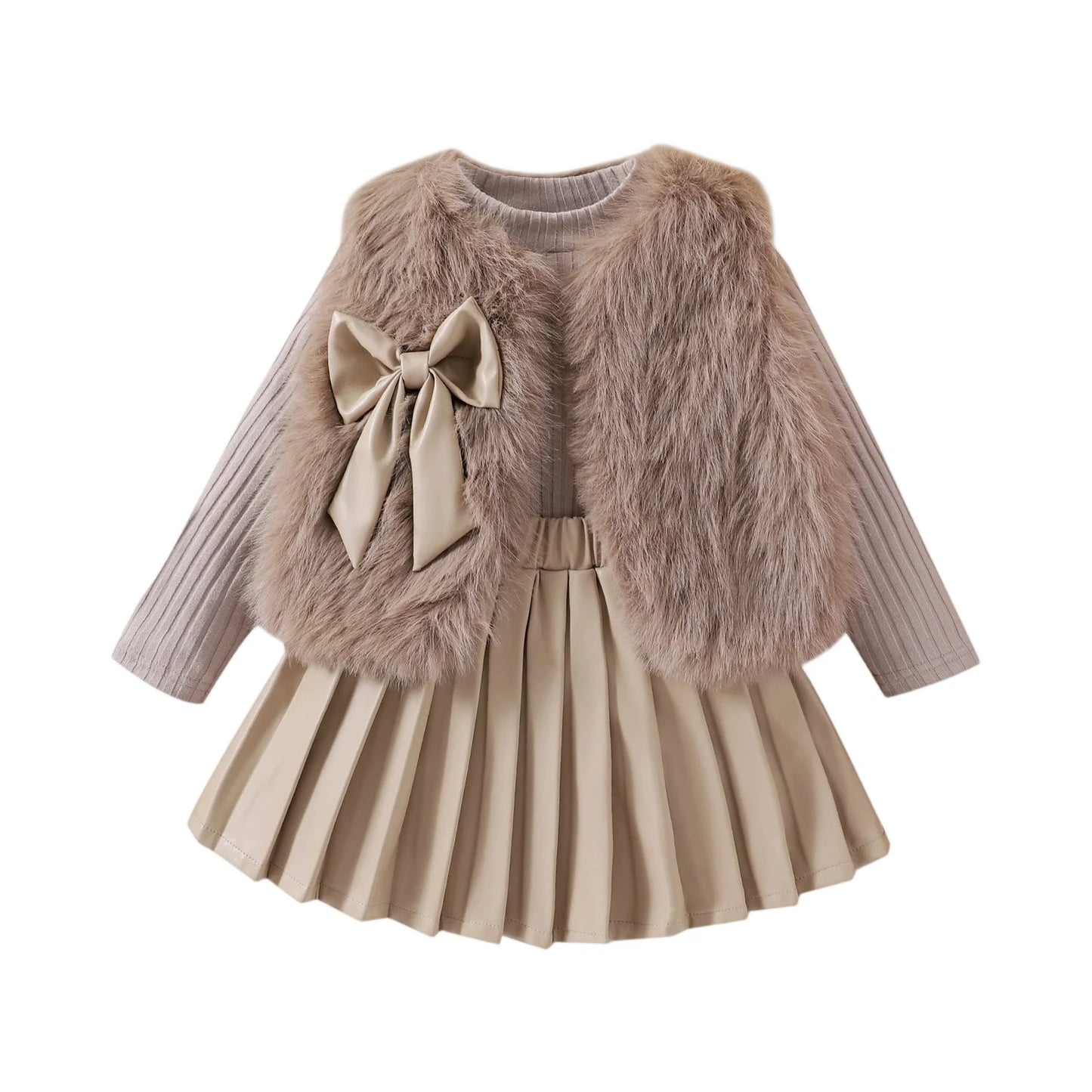 Children's Clothing Sets Furry Vest + Long Sleeve T-shirt + Leather Skirt 3pcs Sets Baby Girl Outfit Set Toddler Girl Clothes