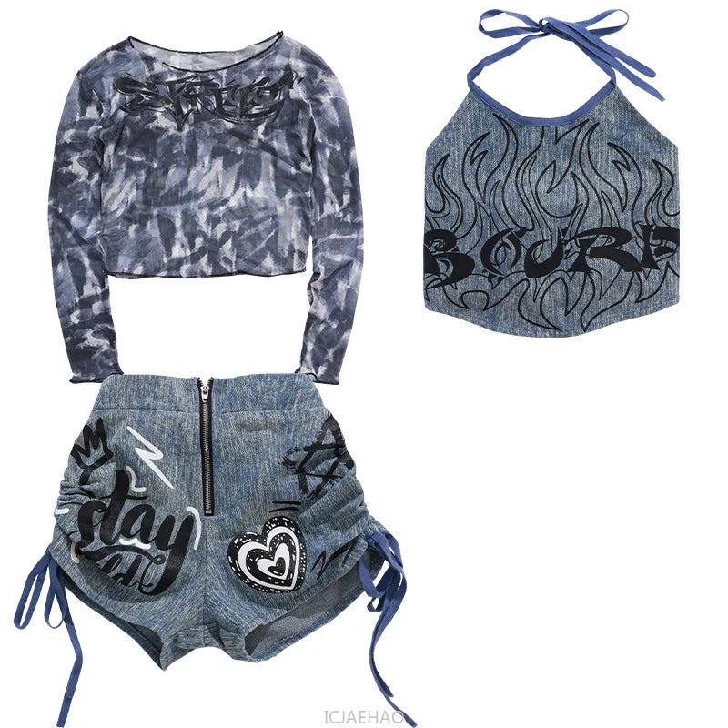 2025 Children's Costume Performance Clothes Fashion Street Style Cool Girl Hip Hop Jean Tops Clothing Hiphop Outfit Denim Dance