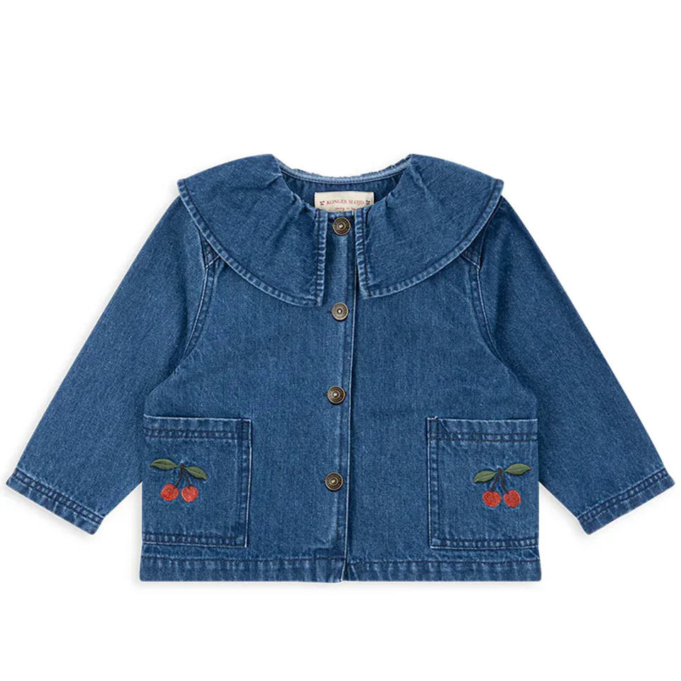 New Kids Girls Clothes Cute Print Cherry Denim Jacket Coat Overalls Jeans Toddler Girls Denim Dress White Shirt Outfit Set