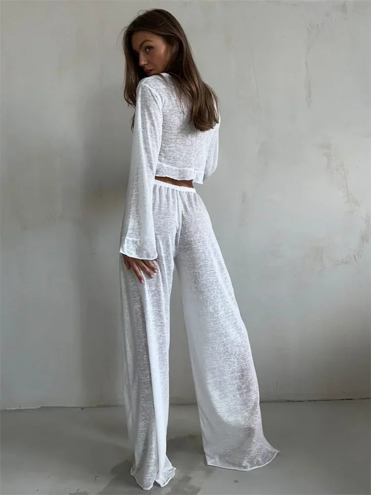Casual Fashion 2 Piece-Set Trousers For Women V-Neck Lace-Up Long Sleeve Top And High Waist Women's Pants Outfits Female