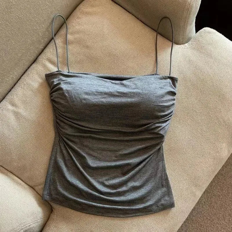 Women Sexy Ruched Camisole Top with Built-in Bra Solid Color Spaghetti Sweet and Spicy Sleeveless Outerwear Vest