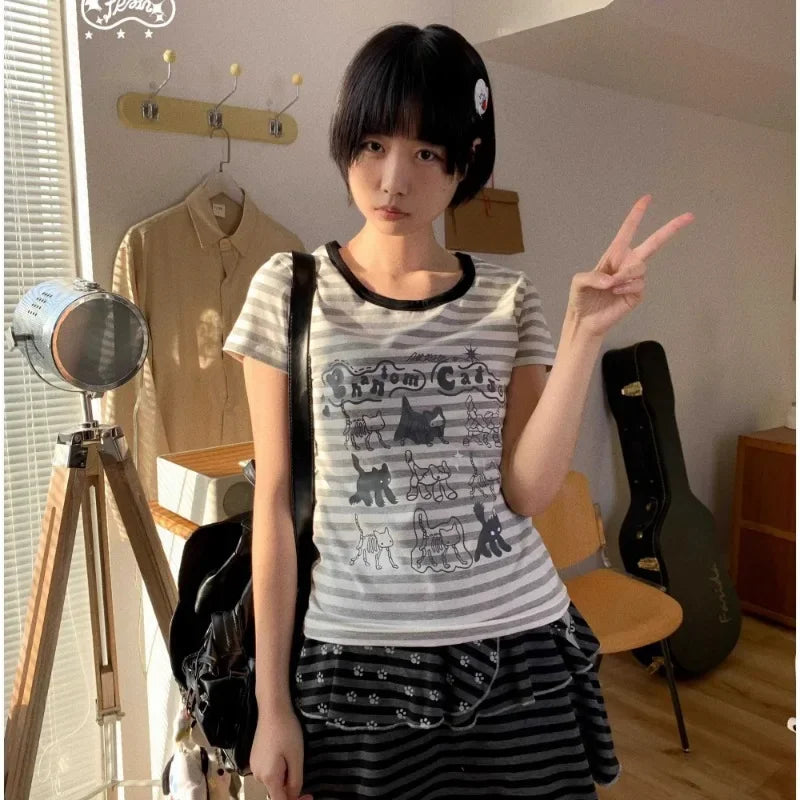 2025 Ropa Mujer Cat Print Cute Striped Woman Tshirts Summer Korean Fashion Tees Casual Japanese T-shirt Y2k Tops Women Clothes