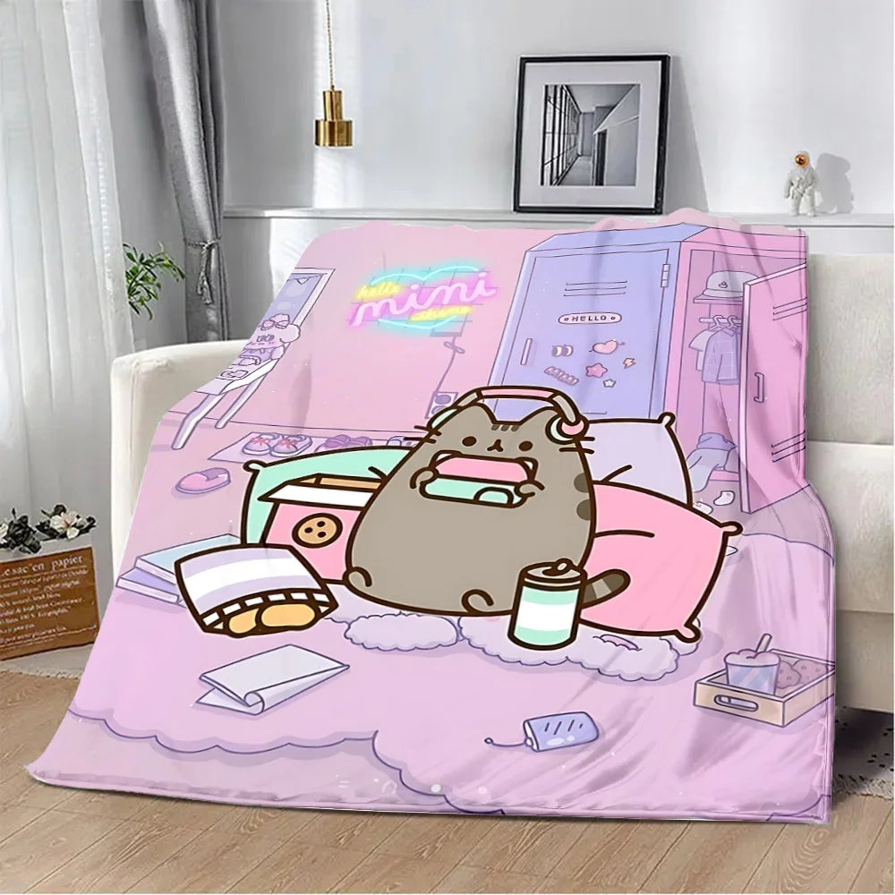 Cartoon Printed Blanket Picnic Blankets Cute Pusheens Cats Warm Blanket Soft and Comfortable Blanket Home Travel Birthday Gift