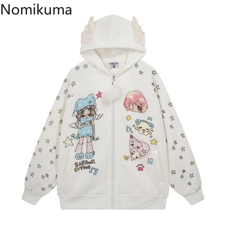 2025 Ropa Mujer Japanese Coat for Women‘s Thicked Cute Cartoon Print Jackets Oversized Tops Casual Fashion Ear Hooded Outwear